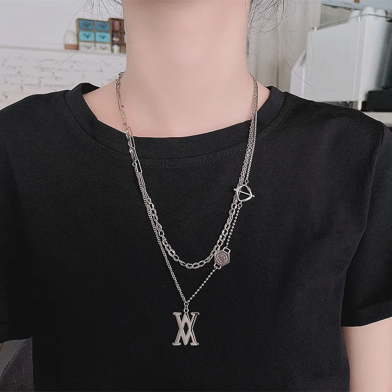 XM-funny S925 Sterling Silver Fashion Spliced Double V Smile Necklace Creative Sweater Chain Necklace Female Accessories