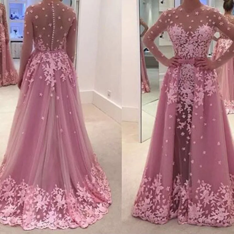 

Real 2018 Arabic Pink Long Sleeves Evening gown With Removable Train O Neck Sexy Illusion Back mother of the bride dresses