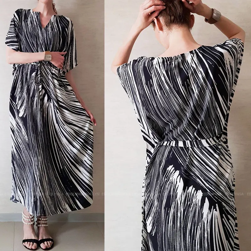 

2021 Quick-drying Bikini Cover-ups Black Striped Bats Sleeve Summer Dress Tunic Women Beach Wear Swim Suit Cover Up Q941