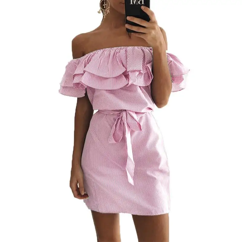 Women Dresses Striped Summer Ruffle Collar Dress Bandage Sundress Casual | Женская одежда