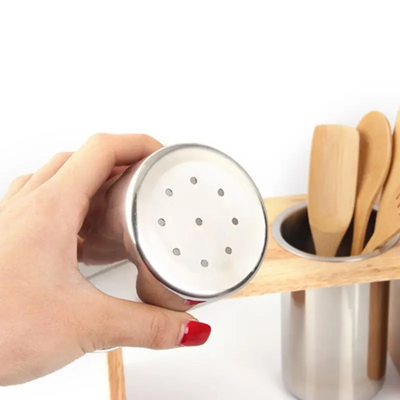 

Flatware Caddy with Wood Base Stainless Steel Cutlery Holder Home Kitchen Utensils