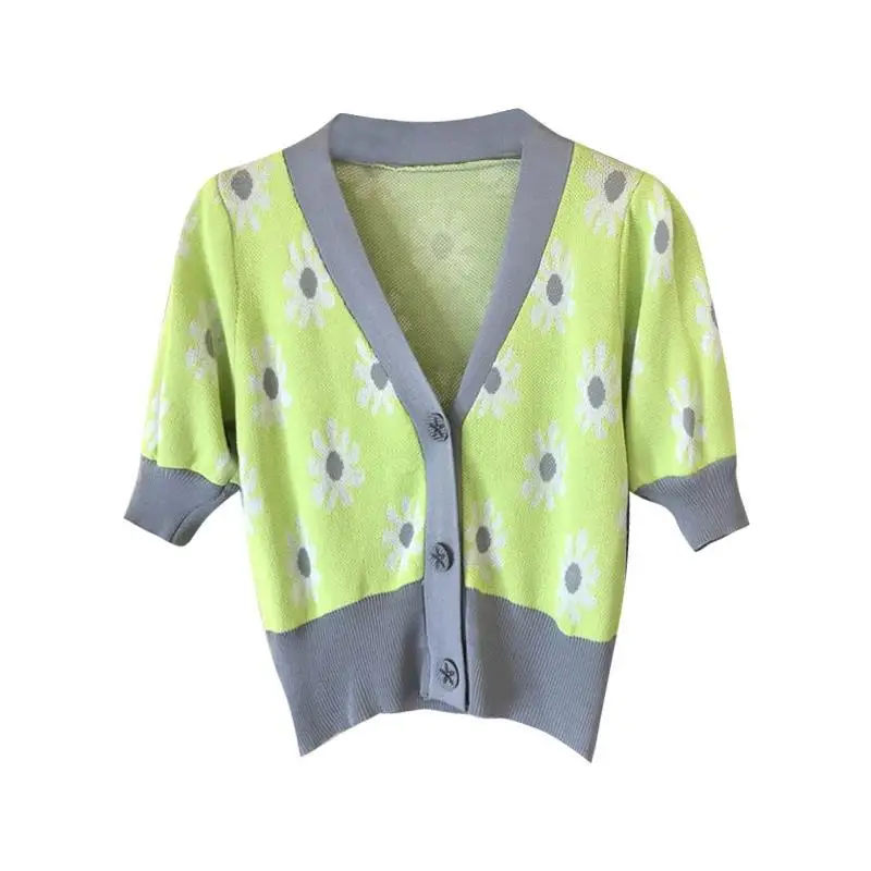 

South Korea dongdamen 2021 summer new sweet retro style flower print short sleeve thin wool knitted cardigan