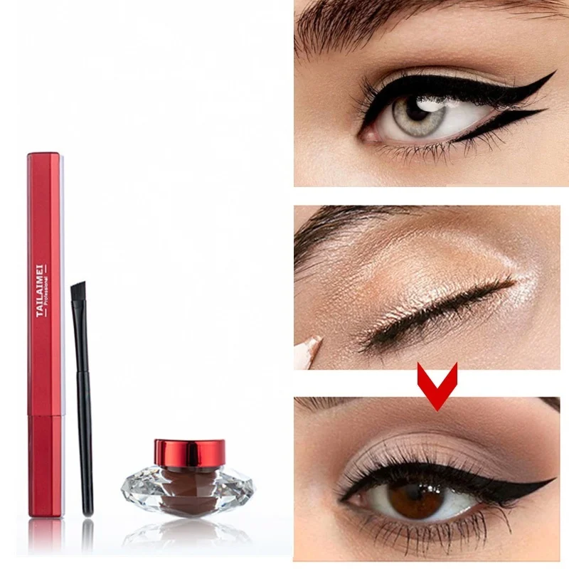 3Pcs Eye Makeup Set Black Eyeliner + Brown Gel with Brush Shiny Liners for Women Pigment Cosmetics Tools |