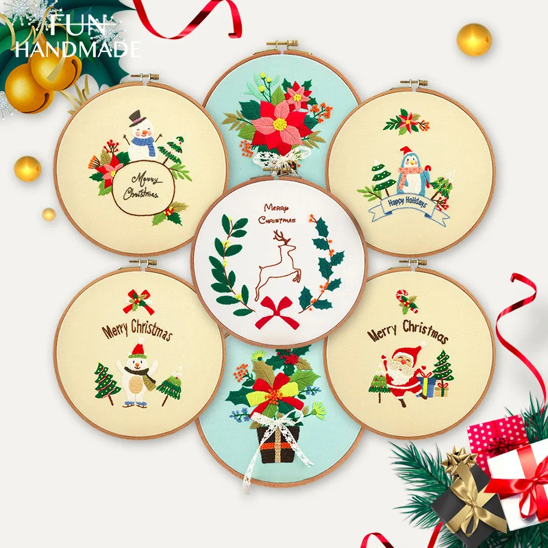 

2021 Creative DIY Embroidery Kit Christmas Style Snowman Lovely Penguin Deer Sock Flowers Gift Needlework For Room Deco