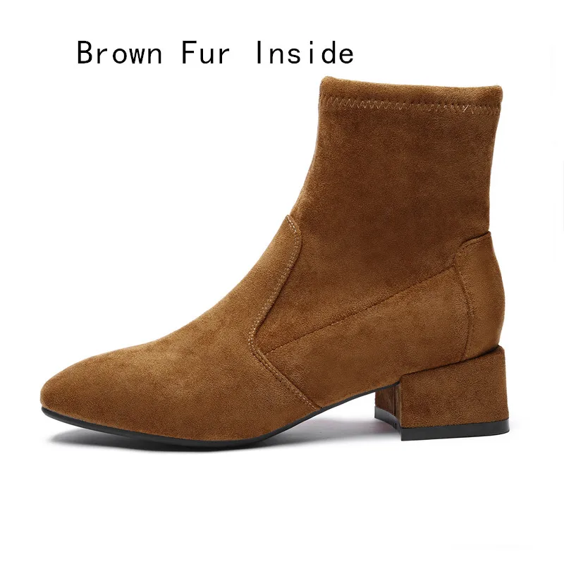Brown Fur Botas mujer invierno; коллекция года; женские зимние ботильоны на меху; женские ботинки на высоком каблуке; однотонная женская обувь; цвет синий, черный - Цвет: Brown Fur