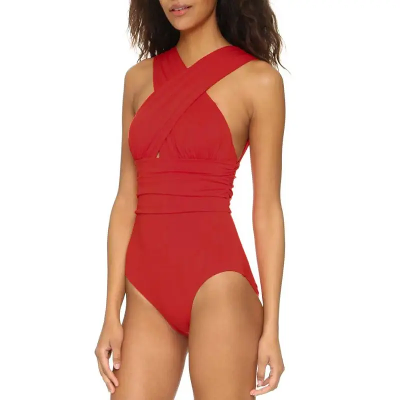 Женский сплошной треугольный купальник с перекрестными лямками и открытой