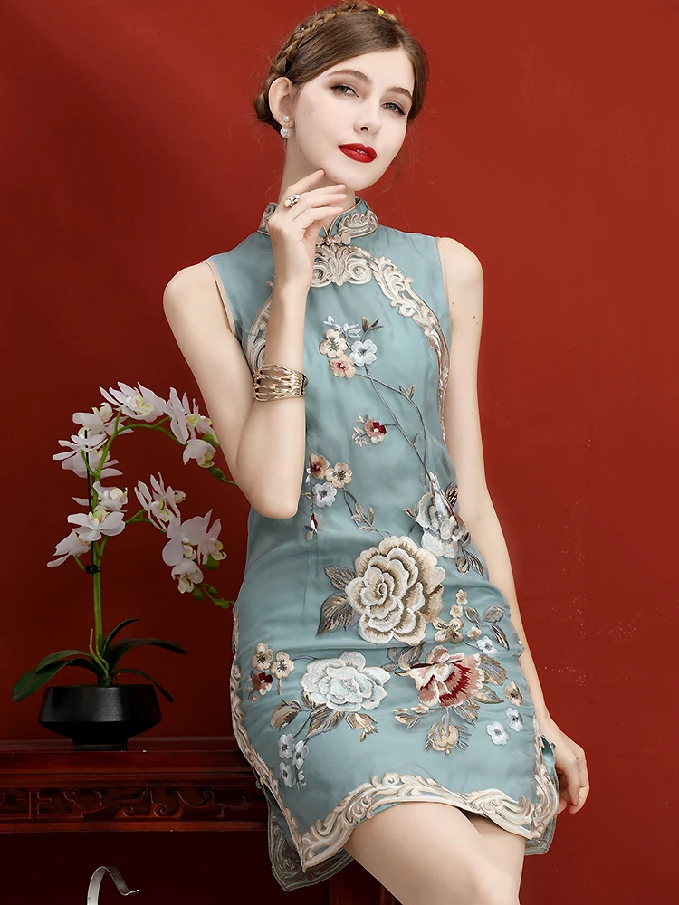 Роскошное вечернее платье qipao из 100% шелка без рукавов с вышивкой | Тематическая