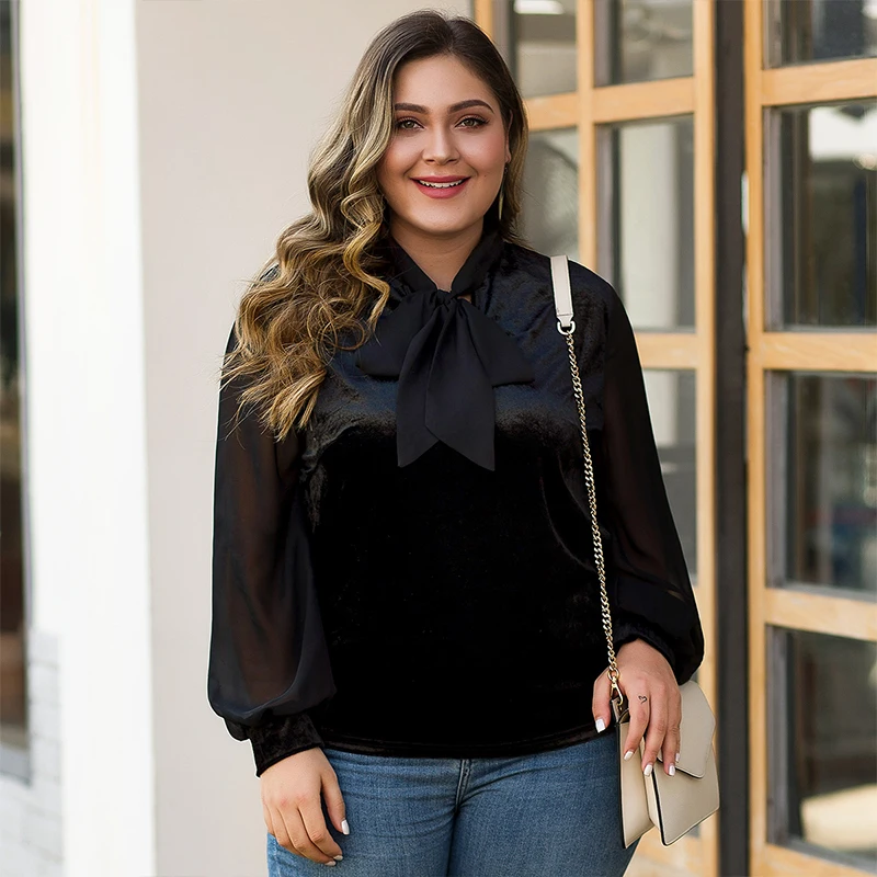 Вельветовая женская футболка с галстуком-бабочкой Сетчатая длинным рукавом