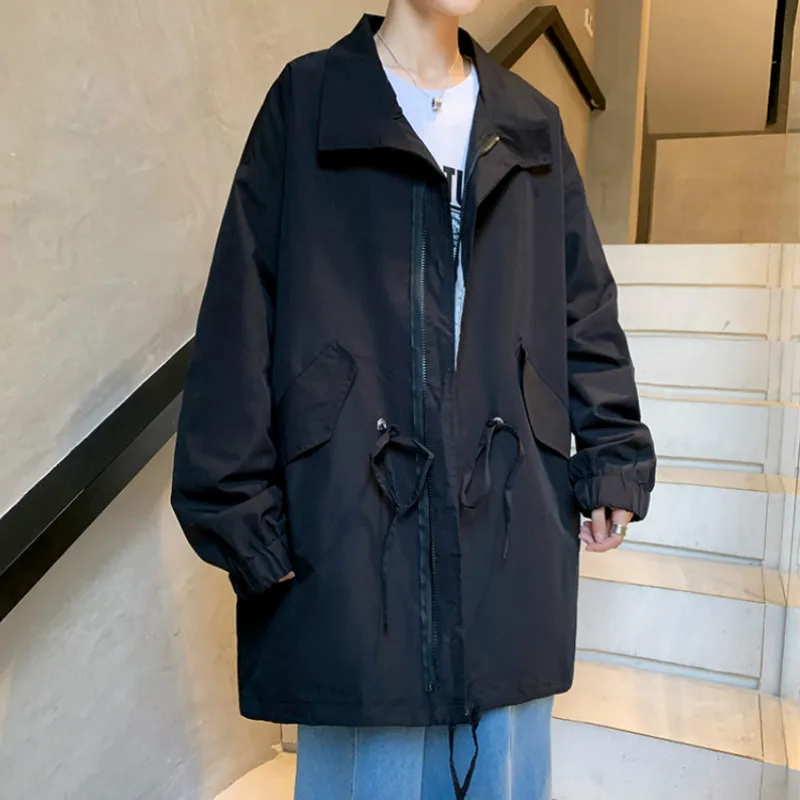 

Men Trench Coats Solid Zippers Turn-down Collar Simple Pockets Baggy All-match Korean Style Ulzzang Streetwear Male Outwear Chic