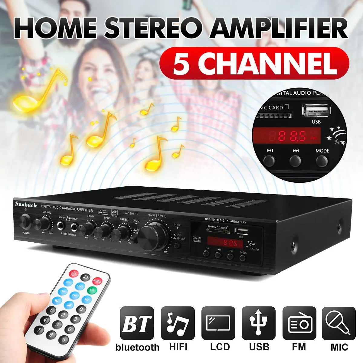 

110V 220V 5CH Bluetooth усилитель стересветодиодный USB AV мощность объемный Высокое разрешение цифровой аудио процессор сабвуфер динамики