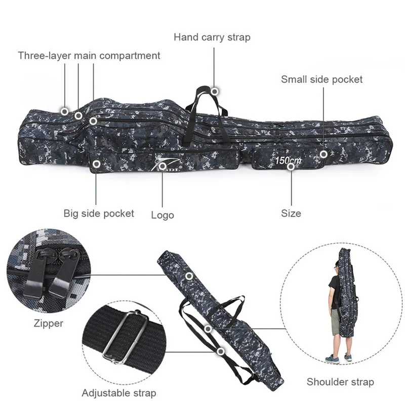 

3 Layers 150cm Fishing Rod Bag Canvas Foldable Rods Reel Multi-porpose Fishings Tackle Green/Camouflage Backpack Gear for Fish