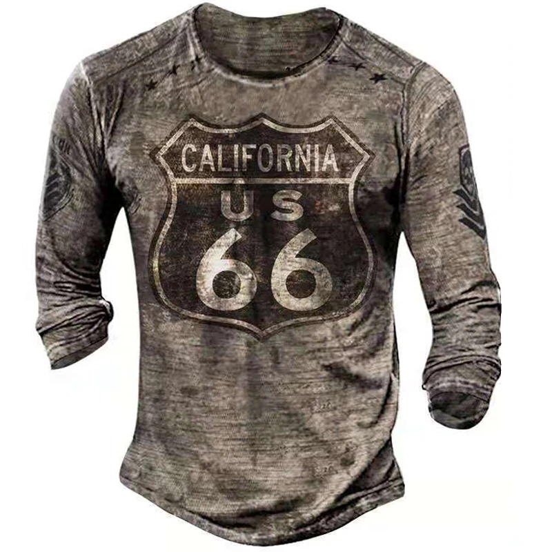 

Retro Moto Oil Print T-shirt 2021 Harajuku Design Road 66 Pattern Men's Long-sleeved T-shirt Autumn New Pullover Top Clothes