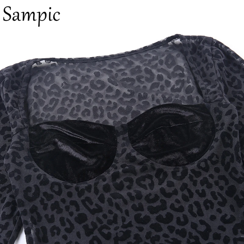 

Sampic sexy square neck outfit leopard long sleeve bodysuit women bodysuit tops mesh patchwork short bodycon rompers autumn