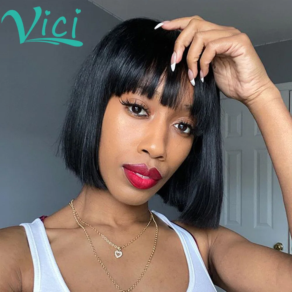 Short Human Hair Wigs With Bangs Highlight Blunt Cut Bob Wig Pre Plucked Baby For Black Women Full Machine Made | Шиньоны и парики