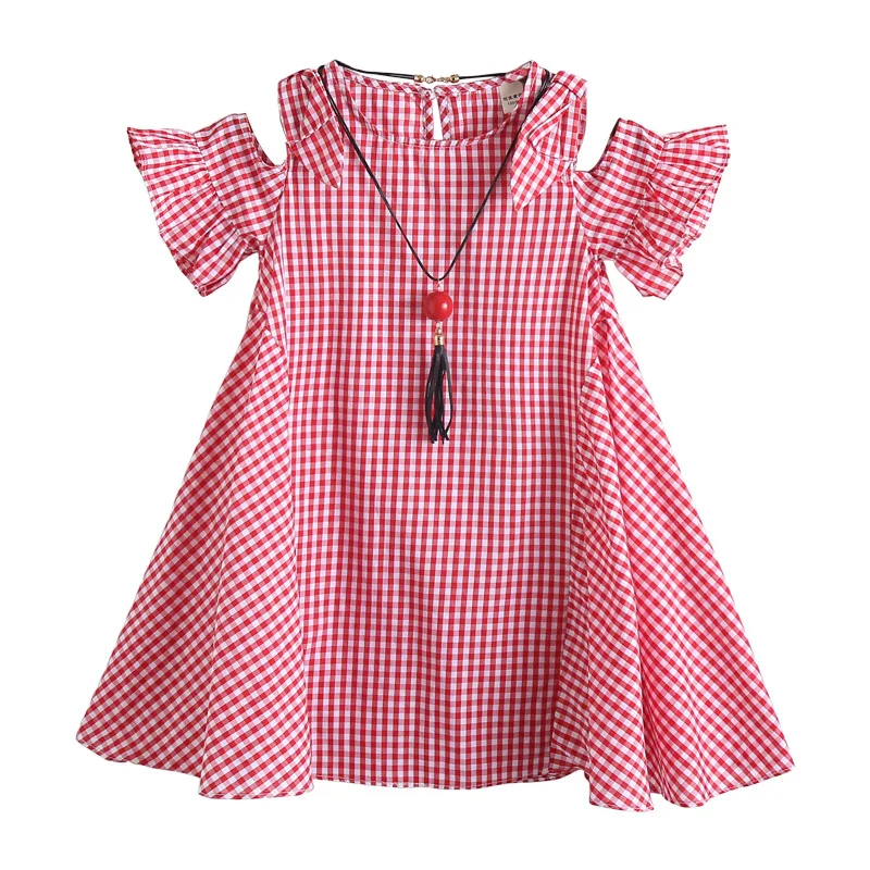 

2021 Children Dresses Girl Clothing Irregular Dresses for Girl Summer New Necklace Skirts Kid Plaid Leaky Shoulder Short Sleeve