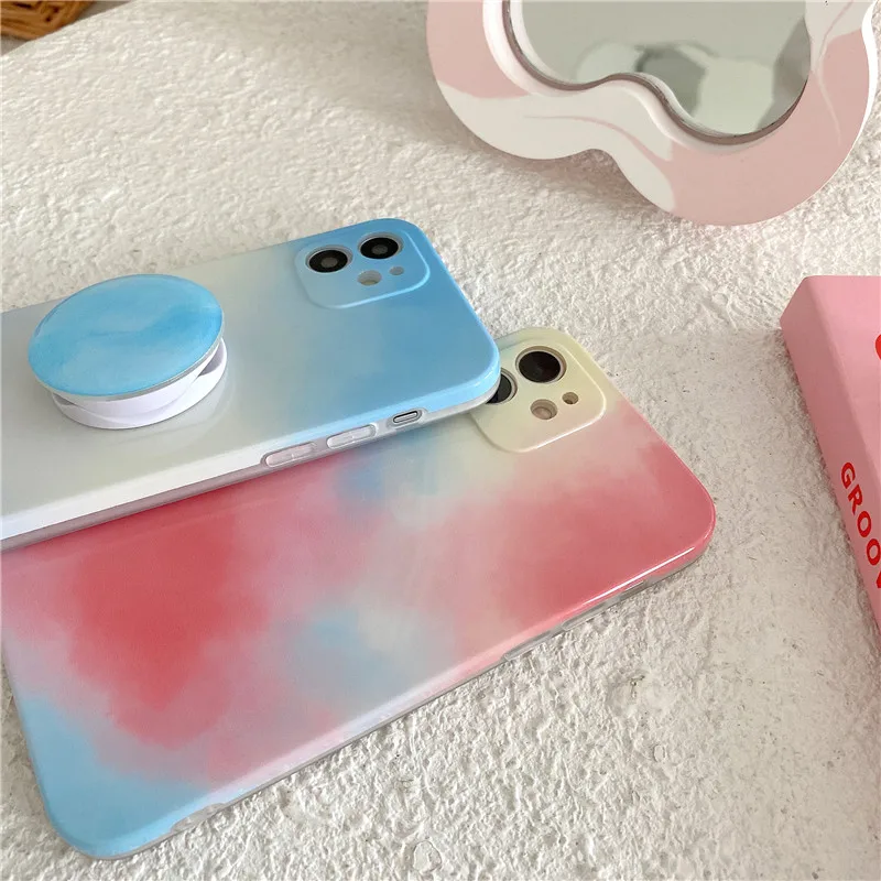 

Luxury Gradient Pink Blue Stand Holder Phone Case for iPhone 12 11 Promax 7 8plus XR XSmax Soft TPU Shockproof Back Cover