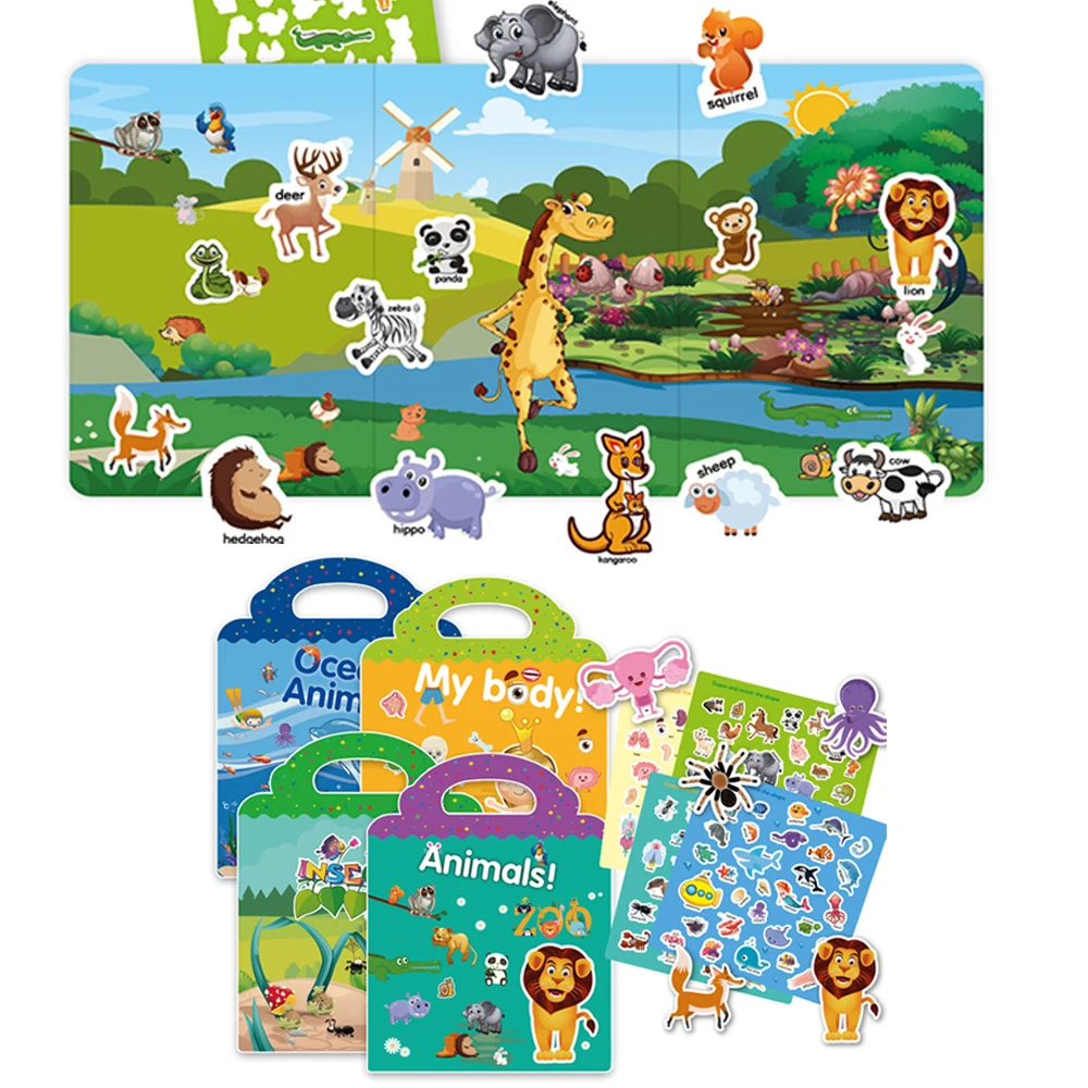 

Reusable Children Stickers Books Scenes Stickers Puzzle Game DIY Cartoon Stickers Make Greeting Cards Scrapbook for Kids Gift