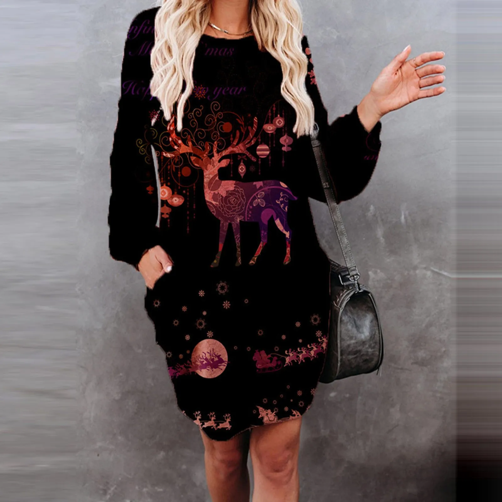 

Women's Fashion Christmas Bag Hip Pocket Print Round Neck Fashion Dress Aesthetic Print Fashion Dress Vestido De Mujer