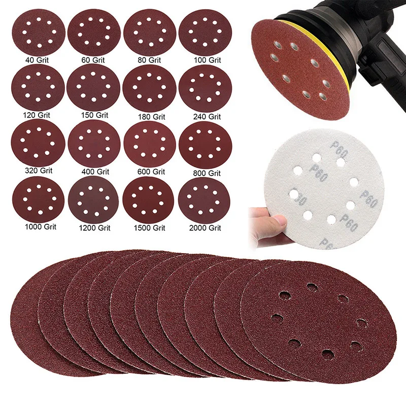 

160PC 5 Inch 8 Hole Hook And Loop Round Sandpaper Discs Sanding Sheets Set