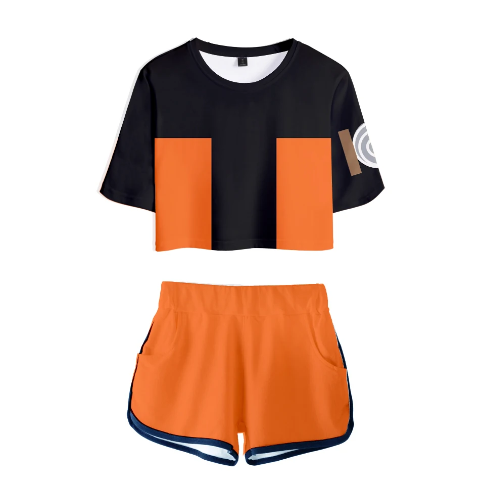 Anime Naruto Uchiha Itachi Outfits Cosplay Costume Women Girls T-shirt Tee Two Pieces Suit Crop Tops and Shorts Sportswear |