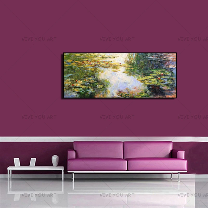 

Beautiful Wall Art Flower Lotus Pond Oil Painting Hand-painted Attractive Oil Painting for Living Room No Frame