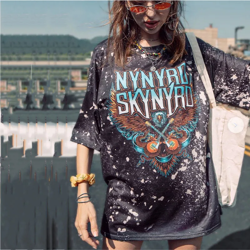 

Vintage Eagle Print Woman Tshirts Short Sleeve O Neck Casual Letter Graphic Tee Top Summer Plus Size Fashion Tie Dye TShirt 2021