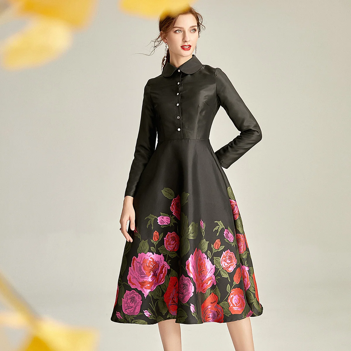 

Spring Autumn Jacquard Dress New Year Evening Dress England Style Turn-down Collar Dress Women Party Clothing Club Dress