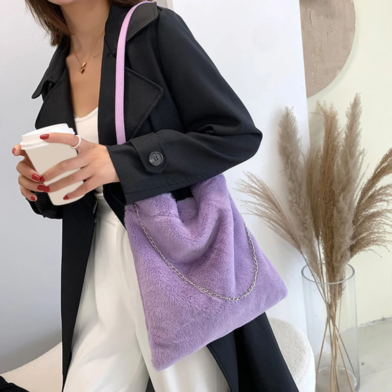 

Plush Shoulder Bags For Women Solid Shoulder Bag Soft Plush Bucket Bag Faux Fur Shopping Bag Large Capacity Fluffy Chain Bags