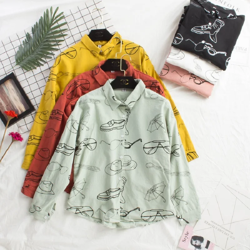 Женская рубашка с принтом из мультфильма хлопковый льняной Топ корейский модный