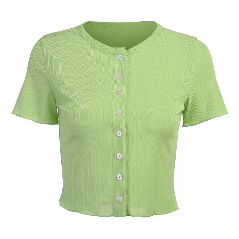 

2021 O-Neck Slim Cotton Summer Tops Fashion Casual Cropped Knitted Tshirt XXL Short Sleeve Ribbed Button Up Top Shirts for Women