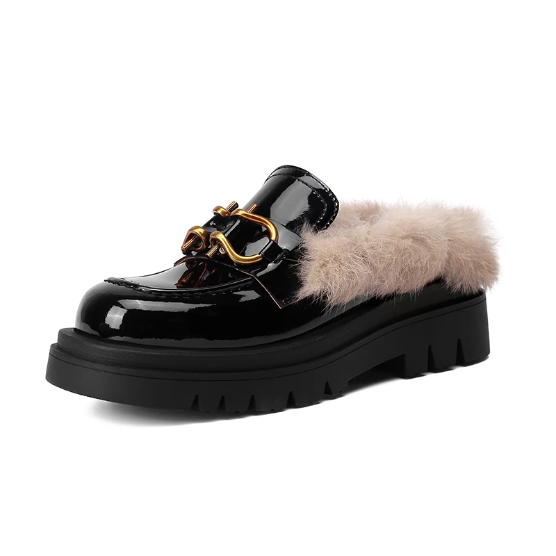 

Kmeioo superior leather Female Flat Ballet Flat Shoes Autumn Casual Women Square Toe With Metal Buckle Loafers warm fur