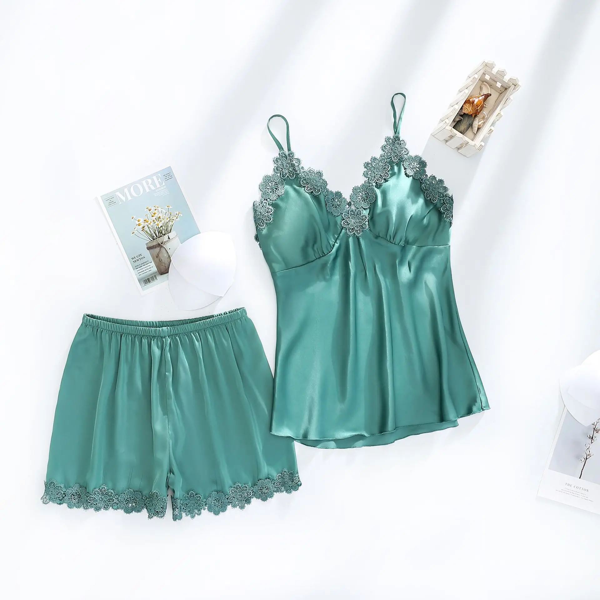 

Women Dressing Gown 5Piece Sexy Pajamas Set Lace Sling Shorts Summer Robe Sleepwear Lace Silk Satin Pajamas Set for Women