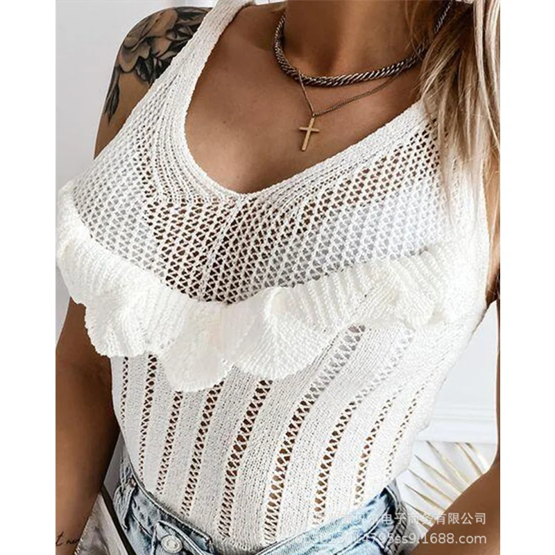 

WEPBEL Women Summer Elegant Ruffle Skinny Hollow Out Vest Shirt Top Ladies Sexy Sleeveless Halter V Neck Slim Fit T-shirt
