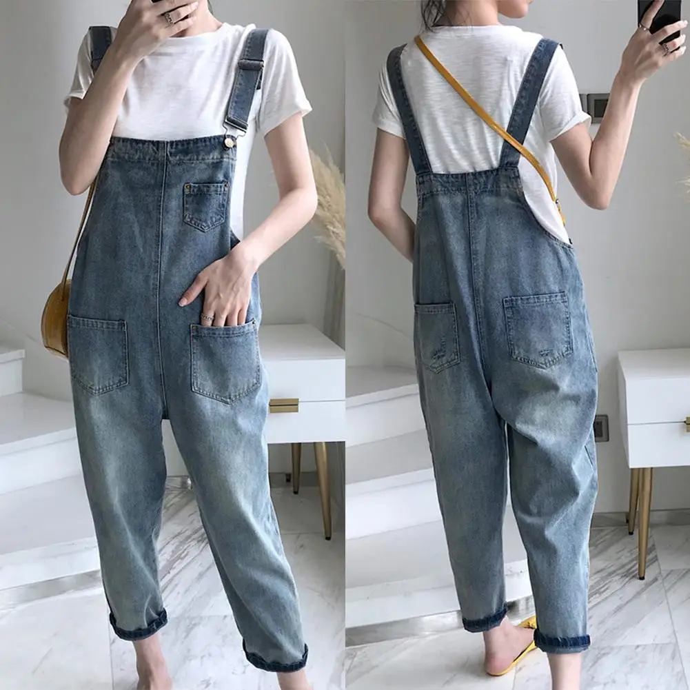 

Fashion Casual Women Pockets Loose Suspender Denim Overall Dungarees Ninth Trousers Overalls Shoulder Strap Jumpsuit