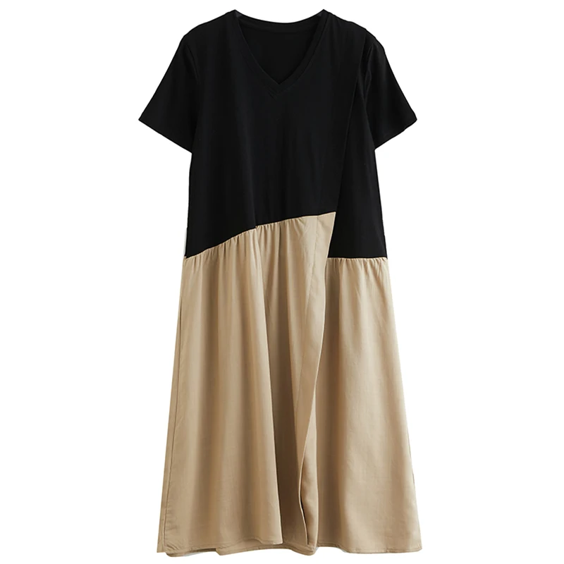 

Summer Artistic Contrast Color Irregular Stitching Cotton and Linen Short Sleeve Dress Loose Casual Western Style