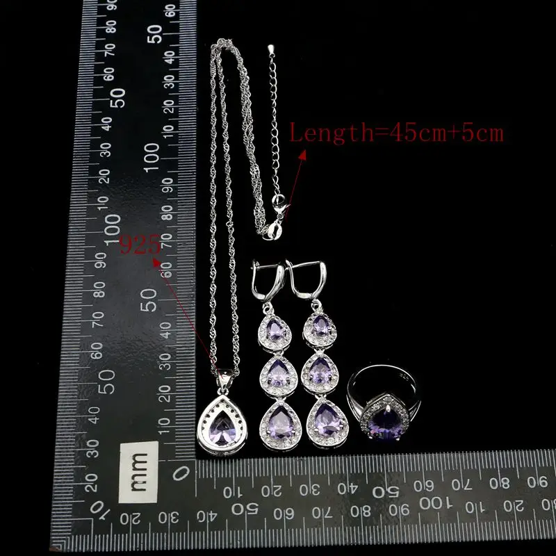 Набор ювелирных изделий из серебра 925 пробы с фиолетовым и белым кристаллами в форме капли на длинных серьгах/подвеске/ожерелье/браслете/кольце для женщин