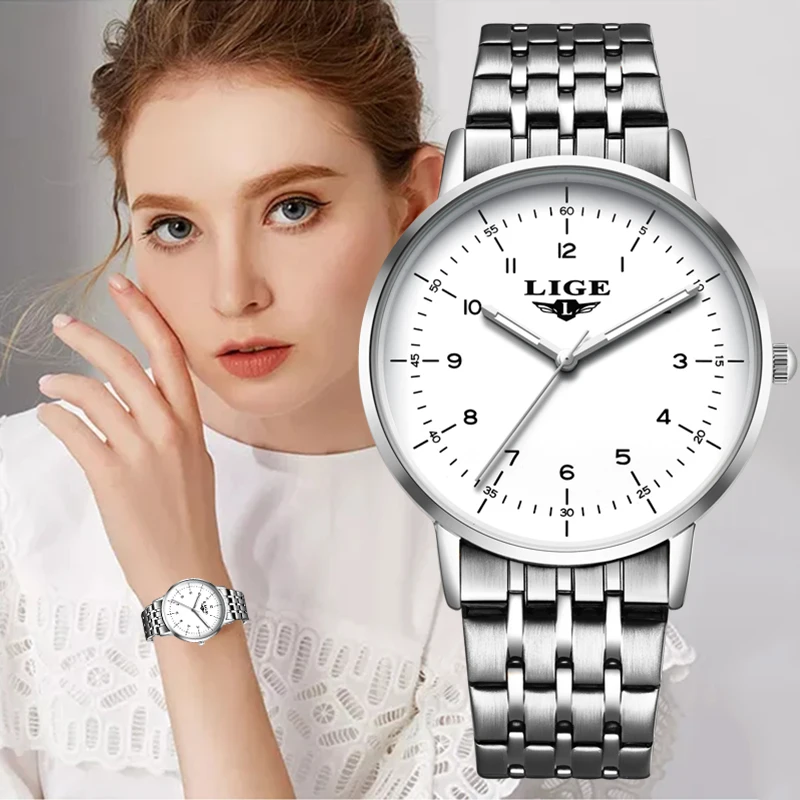 Женские наручные часы Montre Femme LIGE модные с полностью стальным браслетом