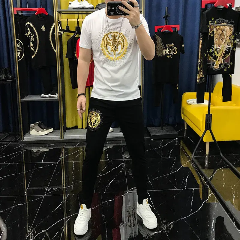 Embroidered Ice Silk Men's Sports Suit, Summer Korean Fashion New Student T-shirt Trousers Two-piece Suit   Men Outfit Set