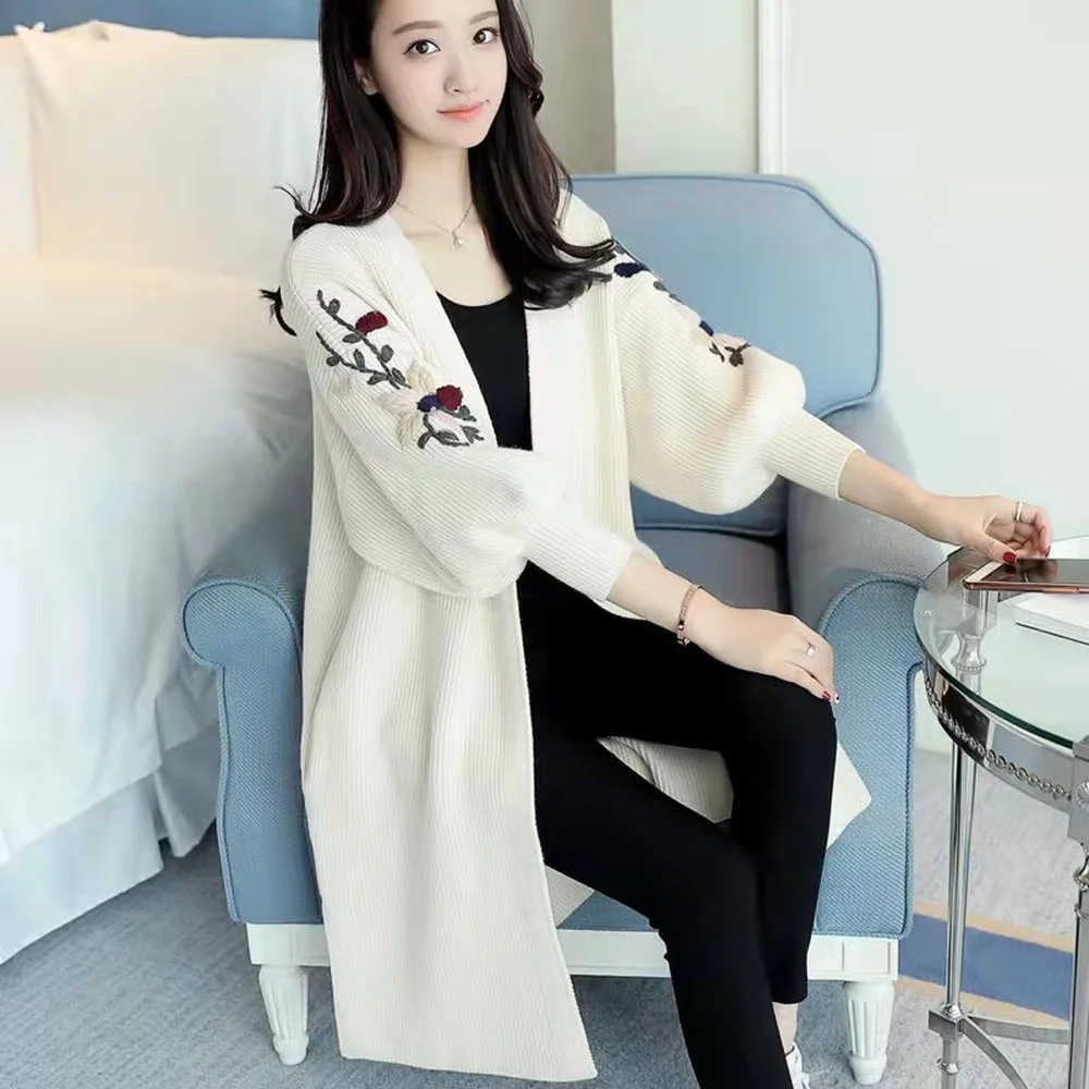 

2021 Long Sweater Cardigan Women Autumn Winter Embroidered Knitted Sweater Plus Size Jacket Loose Ladies Sweaters Cardigans