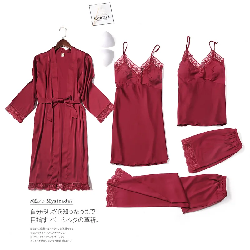 

5PCS Women Raon Robe Sets Sexy Lace Bride Dressing Kimono Bathrobe Gown Backless Sling Nightgown Pajamas Suit Summer Sleepwear