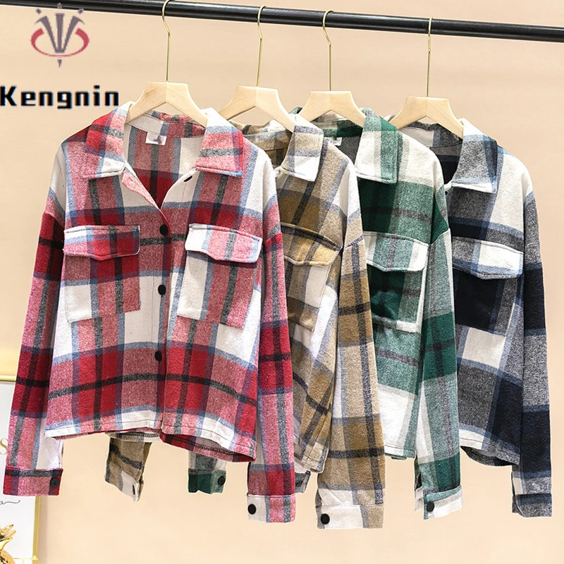 

Женская свободная рубашка в шотландскую клетку, с длинным рукавом