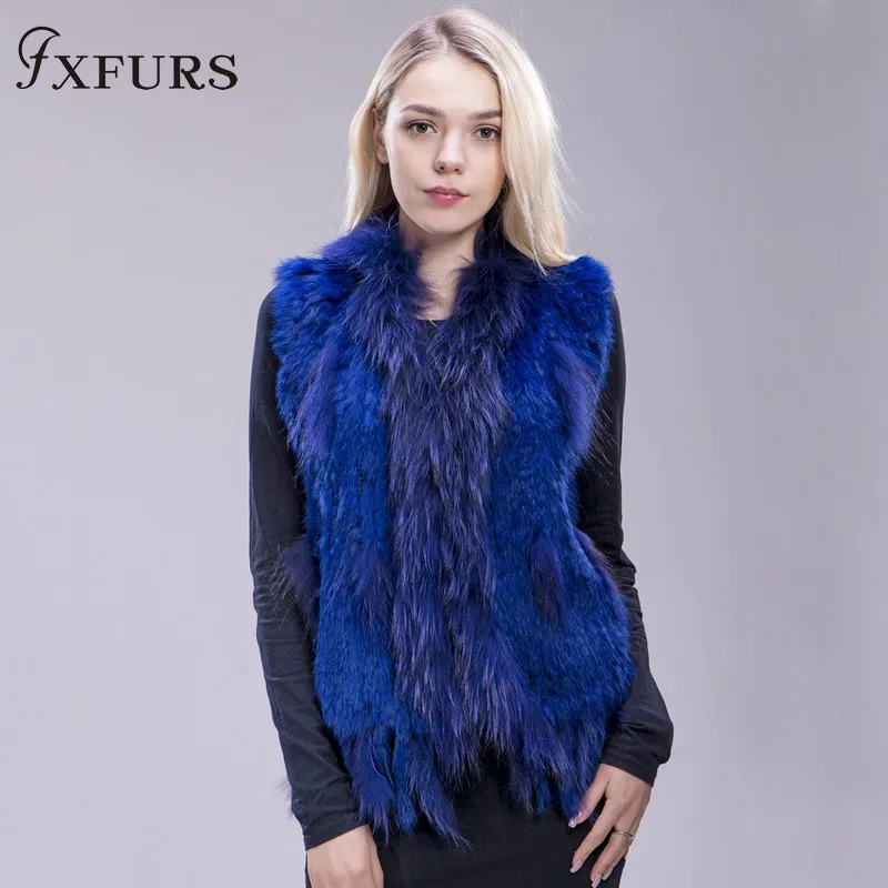 FXFURS из натурального кроличьего меха; вязаная жилетка; куртка из искусственного меха, красочные кролика, енота меховая вязаная жилетка 16 Цвета - Цвет: blue