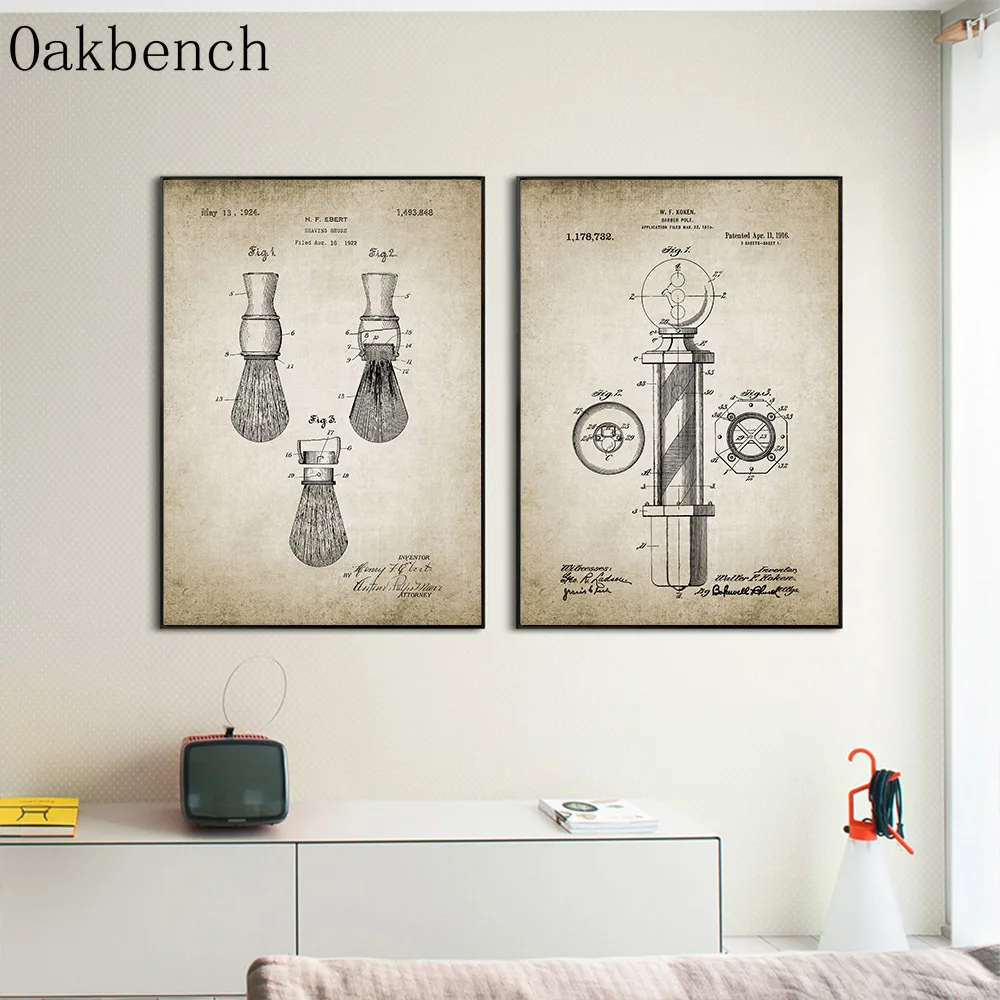 

Barber Patent Vintage Art Painting Shaving Brush Canvas Poster Scissors Barber's Pole Blueprints Prints Barbershop Wall Decor