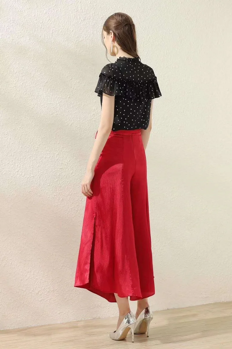 

2020 Summer Fashion Pant Suits Sets Women Ruffle Patchwork Short Sleeve Black Shirts+Wide Leg Red Pant Sets Casual 2 Piece Suit