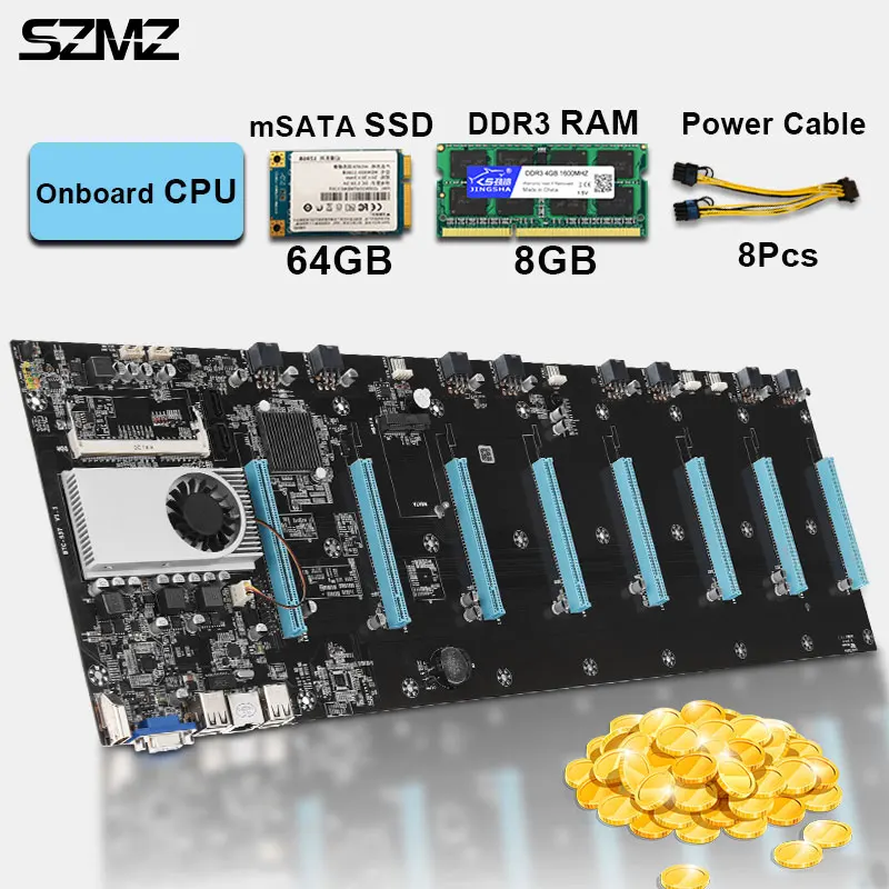 Billig 8 Grafiken ETH Bergbau Motherboard Kit Mit Onboard-CPU + MSATA SSD 64GB + DDR3 RAM 8GB Set Cryptocurrency Miner Bergbau Combo