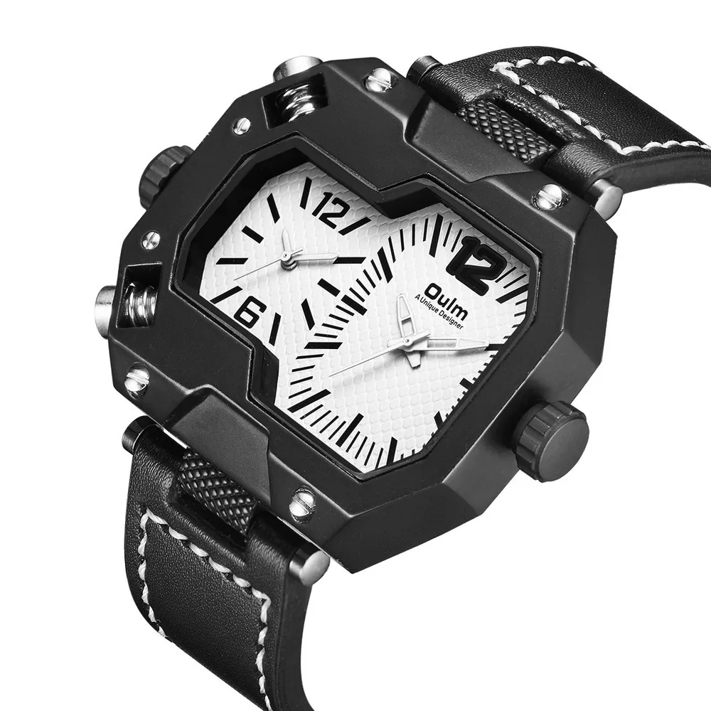 

Ollmhp3878 Men's Leisure Shi Ying Belt Watch Japan Movement Double Time Zone Large Dial