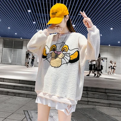 beige Поддельные из двух частей утолщаются плюс бархат толстовка женский свободный корейский студентов дикий мультфильм печати с длинным рукавом пуловер Топы - Цвет: beige
