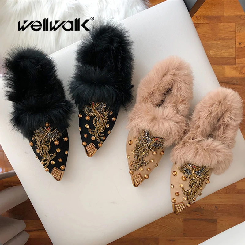 Мех Женская зимняя обувь Стразы плоские легкие кожаные туфли из плюша с