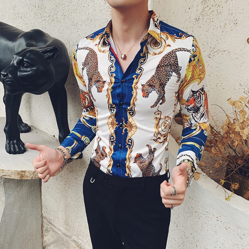 Мужская рубашка с леопардовым принтом Повседневная Camisa Social Masculine Chemise Homem