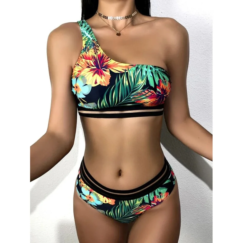 

Sexy Push Up Print One Shoulder Bikini Set Women Fashion Print 2 Piece Swimsuit Woman 2021 Summer Patchwork Bathing Suit